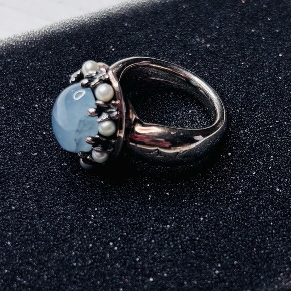 ANN KING Sterling Silver Aquamarine and Cultured Pearl Ring Size 7