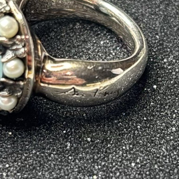 ANN KING Sterling Silver Aquamarine and Cultured Pearl Ring Size 7