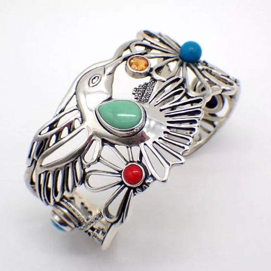FRITZ CASUSE X CAROLYN POLLACK Vintage Very Rare Multi Stone Sterling Silver Hummingbird Wide Cuff Bracelet
