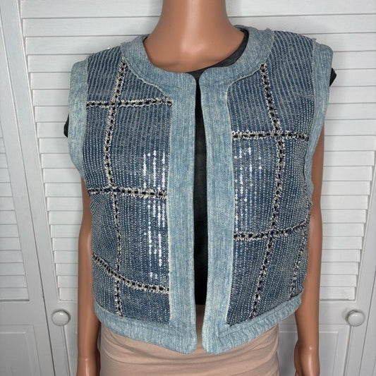 New MISS ME Blue Denim Sequins Plaid Vest Size Medium