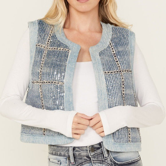 New MISS ME Blue Denim Sequins Plaid Vest Size Medium