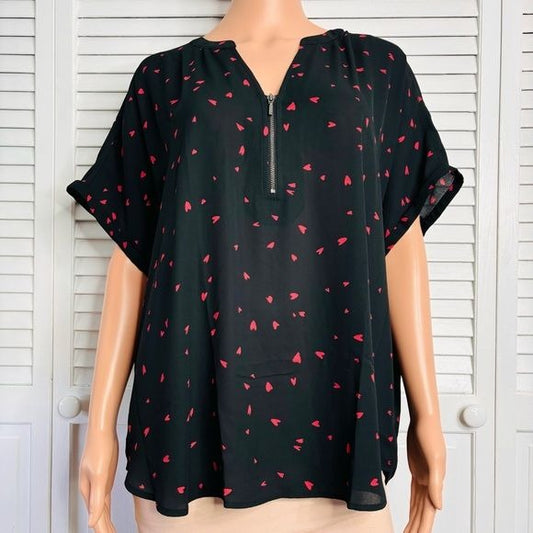 *NEW* MAURICES Geneva Heart Print Zipper Neck Blouse Size XXL