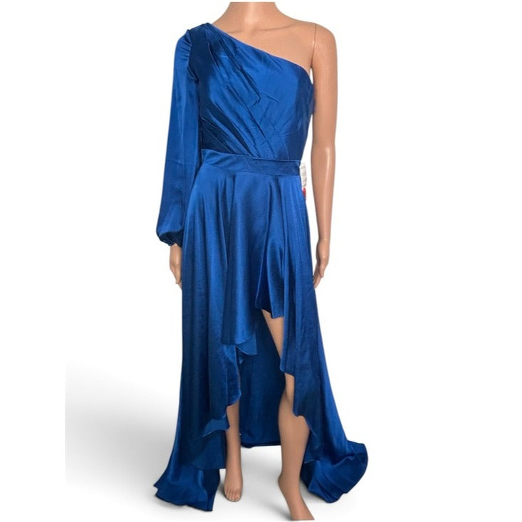 New MAC DUGGAL Cobalt Blue One-Shoulder Satin High-Low Gown Size 2