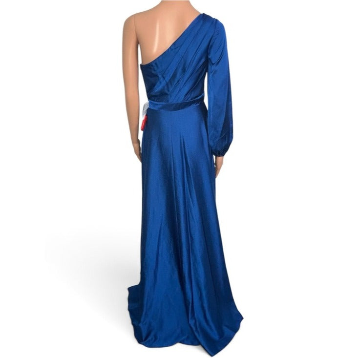 New MAC DUGGAL Cobalt Blue One-Shoulder Satin High-Low Gown Size 2