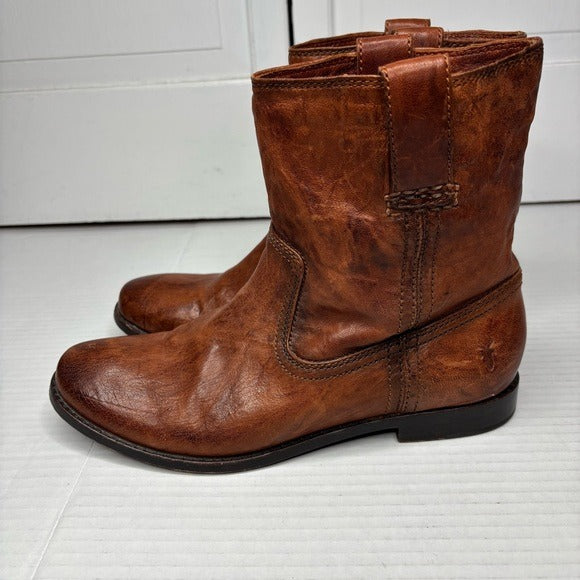 FRYE Anna Shortie Cognac Leather Ankle Boots Size 7.5M