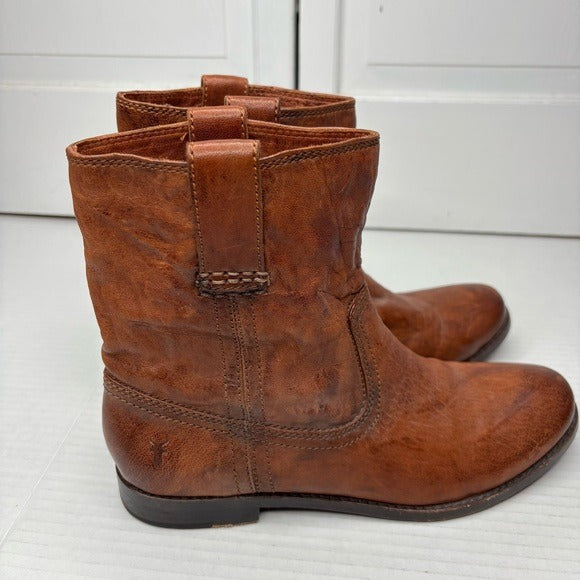 FRYE Anna Shortie Cognac Leather Ankle Boots Size 7.5M