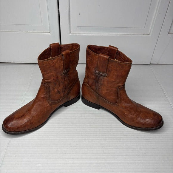 FRYE Anna Shortie Cognac Leather Ankle Boots Size 7.5M