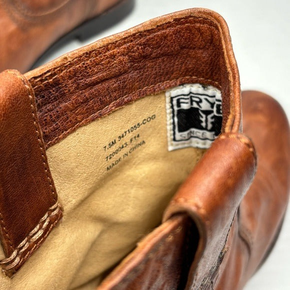 FRYE Anna Shortie Cognac Leather Ankle Boots Size 7.5M
