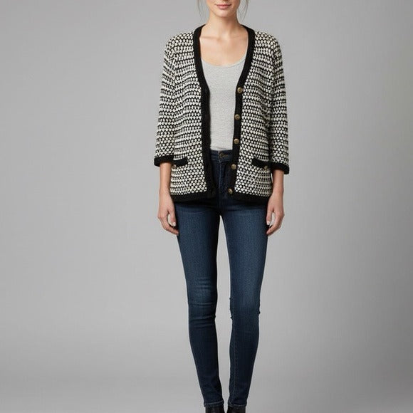CAbi Black & White Crochet Open-Knit Cotton Cardigan Sweater Size XL