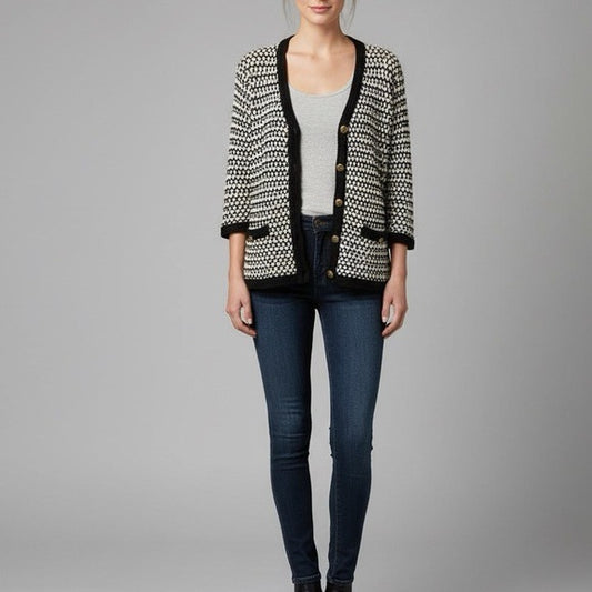 CAbi Black & White Crochet Open-Knit Cotton Cardigan Sweater Size XL