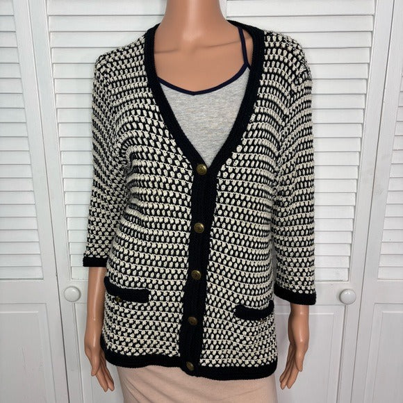 CAbi Black & White Crochet Open-Knit Cotton Cardigan Sweater Size XL