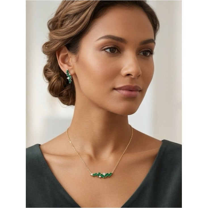 New ADINA EDEN Emerald Green CZ Baguette Necklace & Earring Gold Set