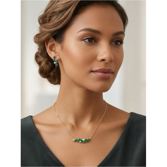 New ADINA EDEN Emerald Green CZ Baguette Necklace & Earring Gold Set