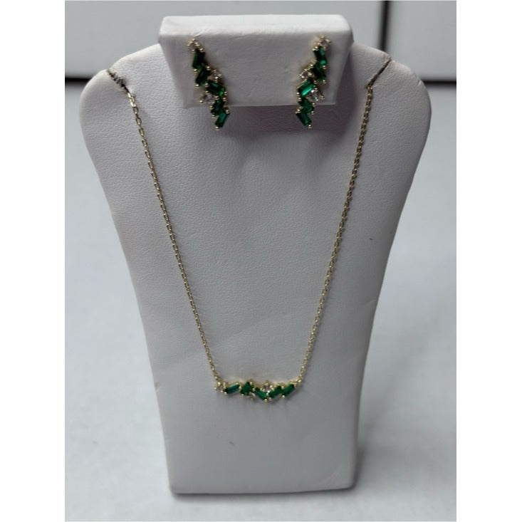 New ADINA EDEN Emerald Green CZ Baguette Necklace & Earring Gold Set