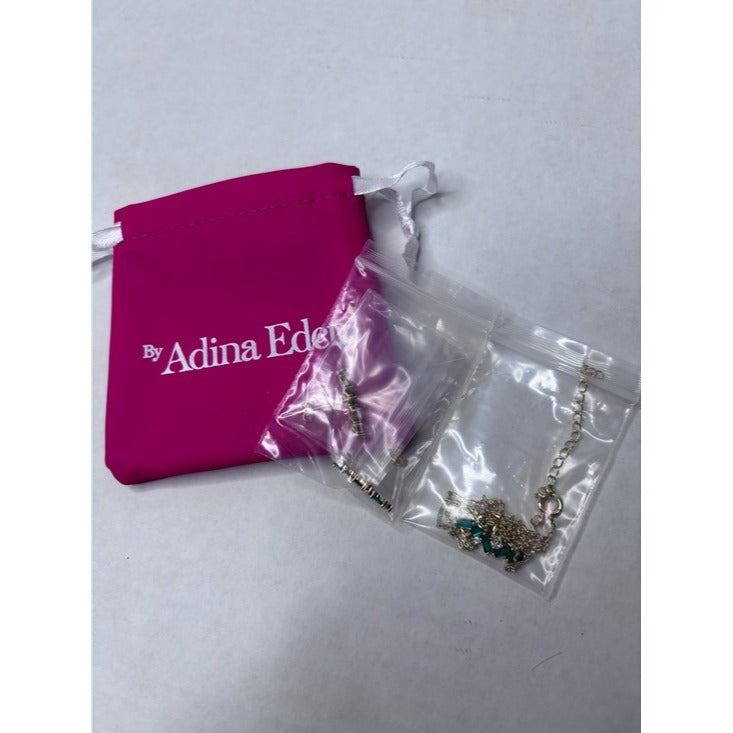 New ADINA EDEN Emerald Green CZ Baguette Necklace & Earring Gold Set
