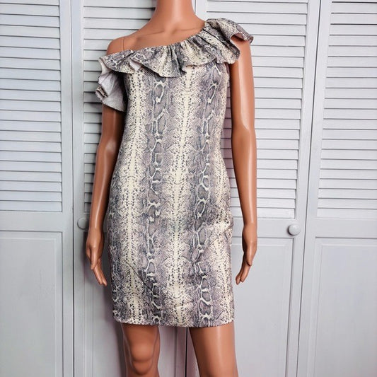 *New* JAY GODFREY Python Animal Print Above Knee One Shoulder Ruffle Dress Size 2