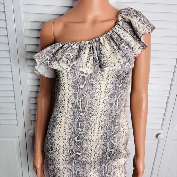 *New* JAY GODFREY Python Animal Print Above Knee One Shoulder Ruffle Dress Size 2