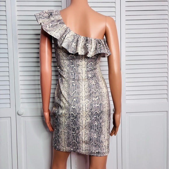 *New* JAY GODFREY Python Animal Print Above Knee One Shoulder Ruffle Dress Size 2