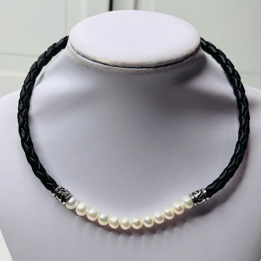 HONORA Black Braided Leather Freshwater Cultured Pearls Choker Necklace