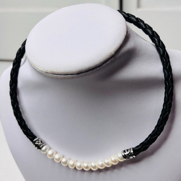 HONORA Black Braided Leather Freshwater Cultured Pearls Choker Necklace