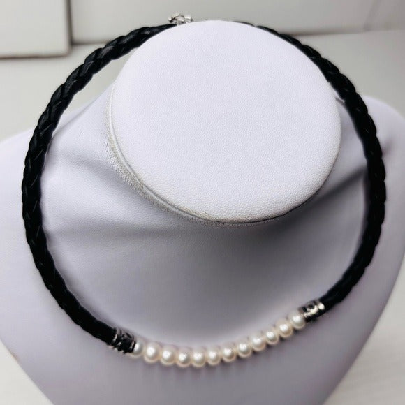 HONORA Black Braided Leather Freshwater Cultured Pearls Choker Necklace