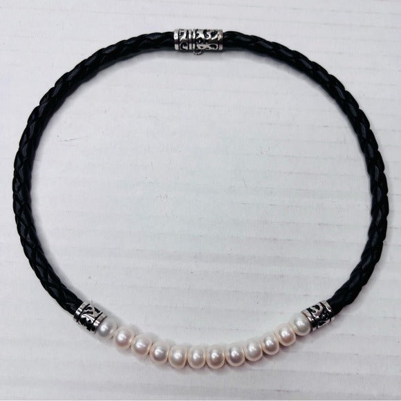 HONORA Black Braided Leather Freshwater Cultured Pearls Choker Necklace