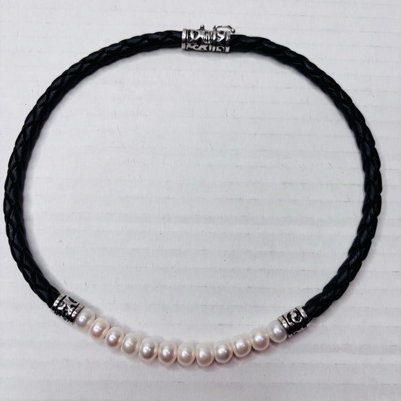 HONORA Black Braided Leather Freshwater Cultured Pearls Choker Necklace