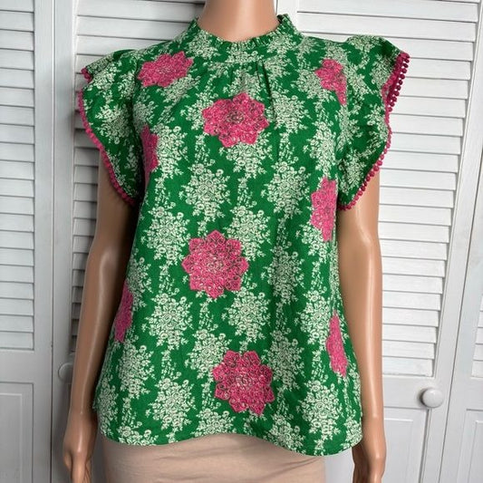 THML Green Pink Floral Ruffled Cap Sleeve Blouse Size Small