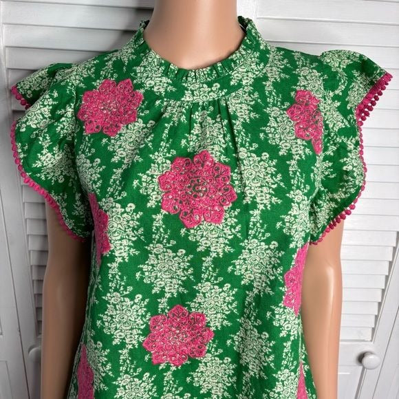 THML Green Pink Floral Ruffled Cap Sleeve Blouse Size Small