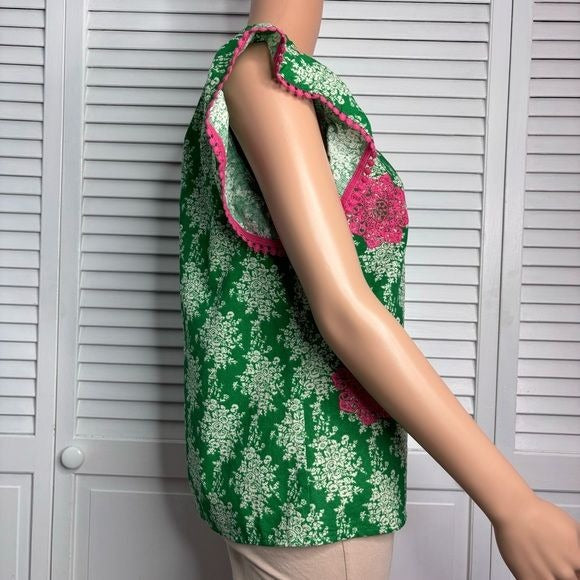 THML Green Pink Floral Ruffled Cap Sleeve Blouse Size Small