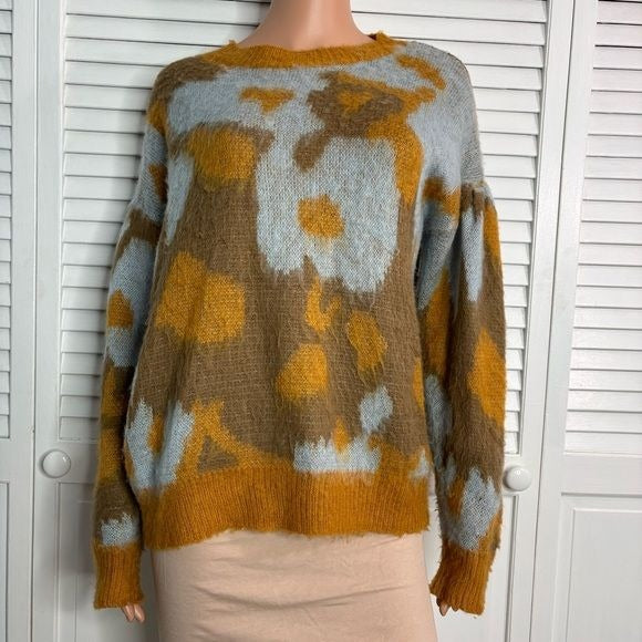 WOVEN HEART Brown and Blue Crew Neck Acrylic Sweater Size Medium