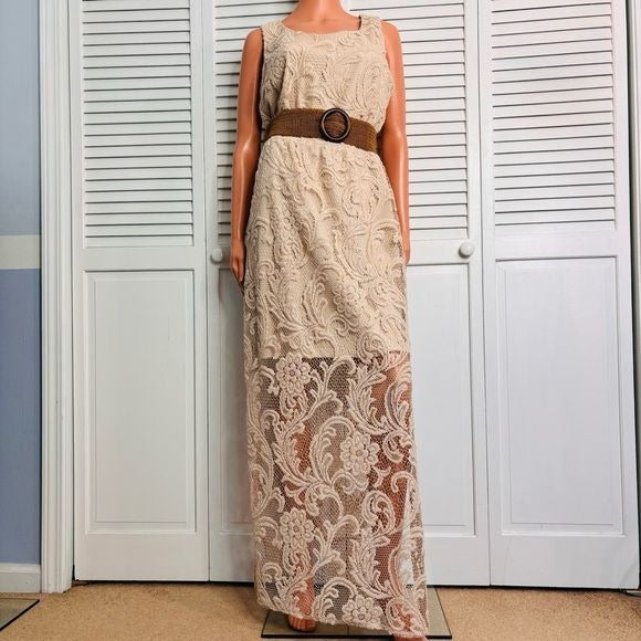 JESSICA HOWARD Beige Sleeveless Lace Overlay Maxi Dress Size  12