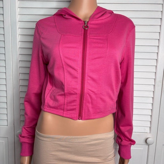 New KIRUNDO Pink Zip Up Hoodie Cropped Sweatshirt Size Medium