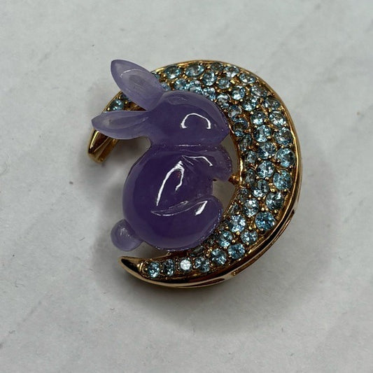 Vintage 14K Gold Hand Carved Jade & Sky Blue Topaz Stones Rabbit Brooch