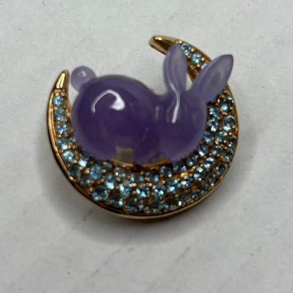 Vintage 14K Gold Hand Carved Jade & Sky Blue Topaz Stones Rabbit Brooch