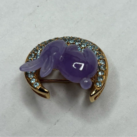 Vintage 14K Gold Hand Carved Jade & Sky Blue Topaz Stones Rabbit Brooch