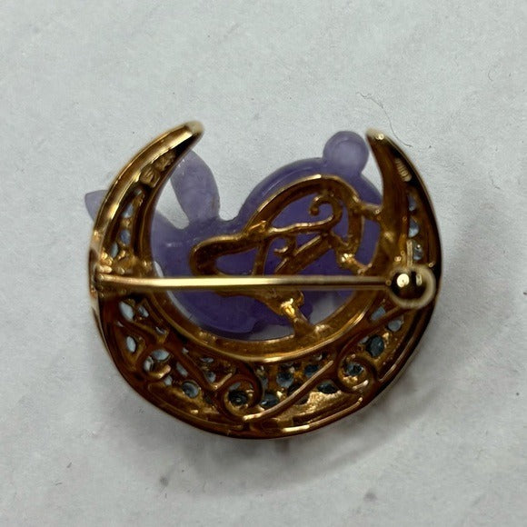 Vintage 14K Gold Hand Carved Jade & Sky Blue Topaz Stones Rabbit Brooch