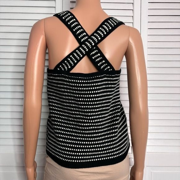 ANN TAYLOR Black Square Neck Ribbed Striped Tank Top Size Large