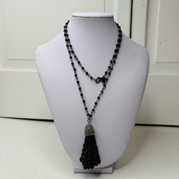 Ralph Lauren Black Hematite Beaded Jeweled Tassel Pendant Necklace