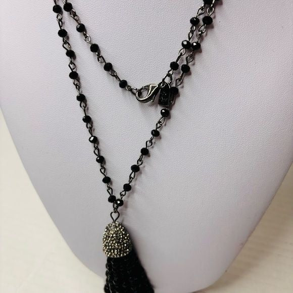 Ralph Lauren Black Hematite Beaded Jeweled Tassel Pendant Necklace