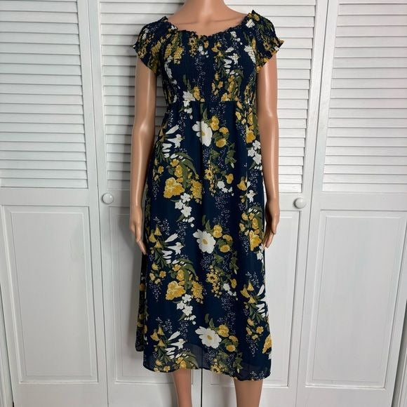 COMMENSE Blue and Gold Ruffled Floral Midi Sundress Size Medium