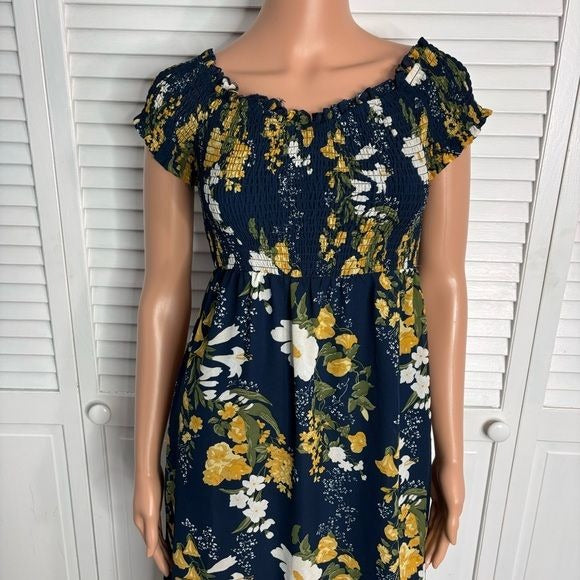 COMMENSE Blue and Gold Ruffled Floral Midi Sundress Size Medium