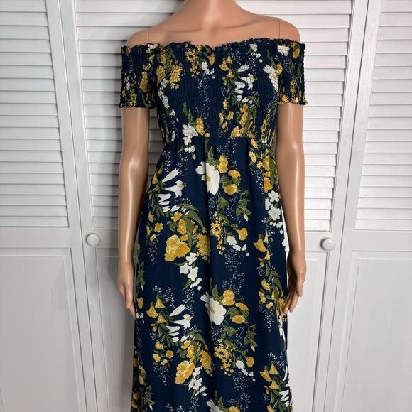 COMMENSE Blue and Gold Ruffled Floral Midi Sundress Size Medium