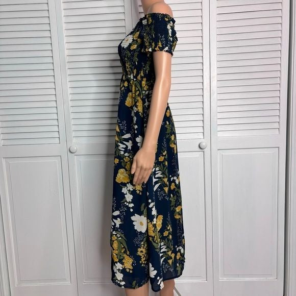 COMMENSE Blue and Gold Ruffled Floral Midi Sundress Size Medium