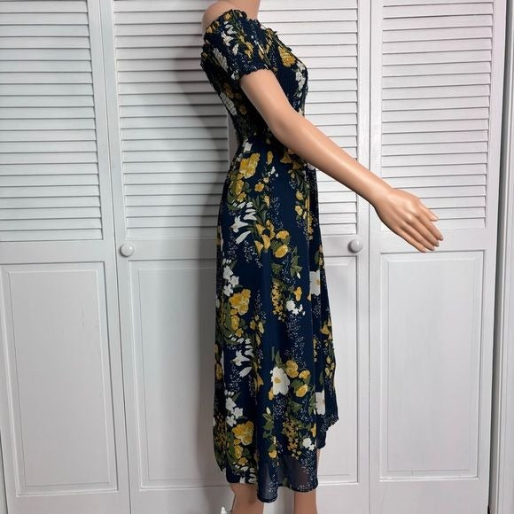 COMMENSE Blue and Gold Ruffled Floral Midi Sundress Size Medium