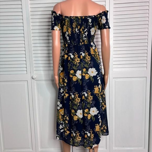 COMMENSE Blue and Gold Ruffled Floral Midi Sundress Size Medium