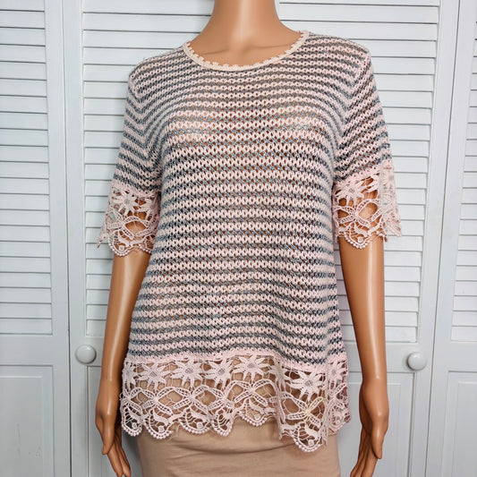 LEO & UGO Short Sleeve Striped Knit Sheer Sweater Size 8