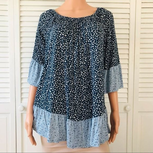 STYLE & CO. Blue White Floral 3/4 Sleeve Blouse Size 1X