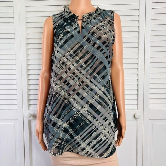 CABI Gray Plaid Sleeveless Graph Blouse Size Large