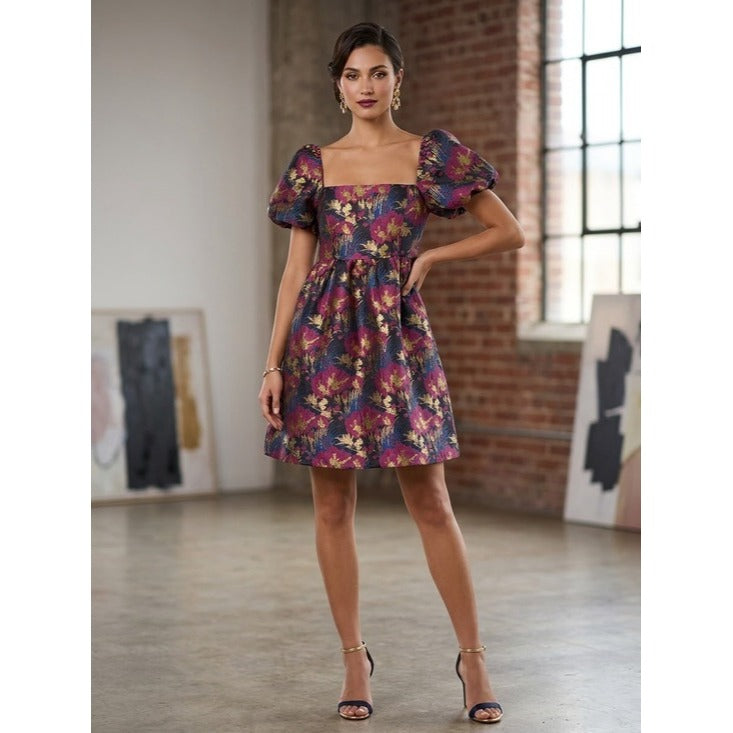 TCEC Metallic Floral Brocade Puff-Sleeve Mini Dress Size Medium